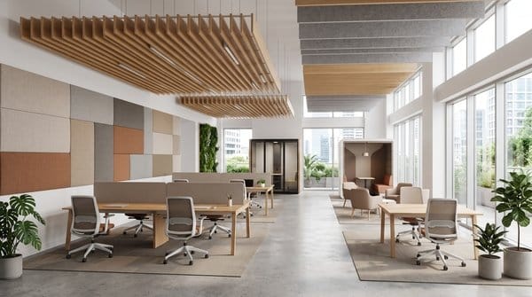 Jak wyciszyć open space: biuro z panelami akustycznymi na ścianach i drewnianym sufitem