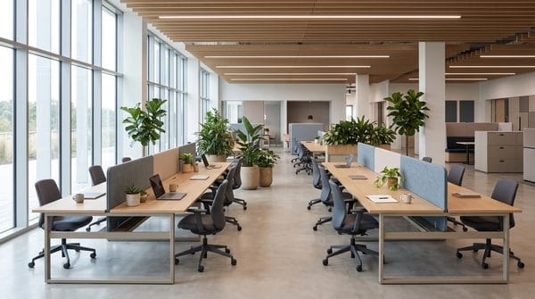 Biuro w modelu Activity Based Working: rzędy biurek typu bench z przegrodami akustycznymi