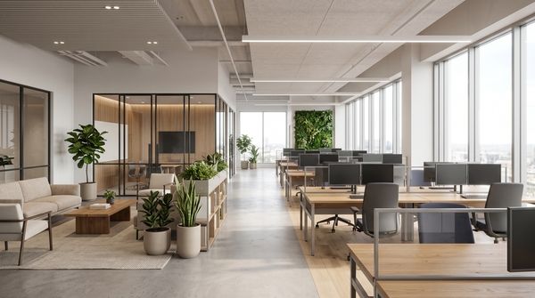 Dostęp do światła dziennego w biurze: stanowiska pracy przy dużych oknach w jasnym open space